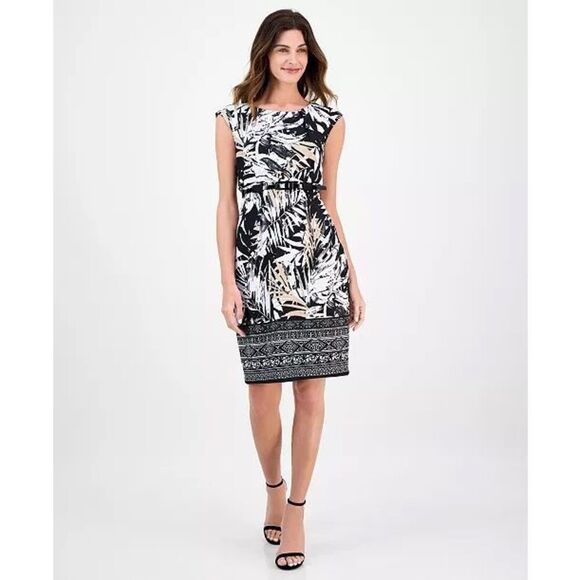 Connected Apparel Palm Leaf Print Ottoman Sheath Dress Black Pink Size 14 - Picture 1 of 16
